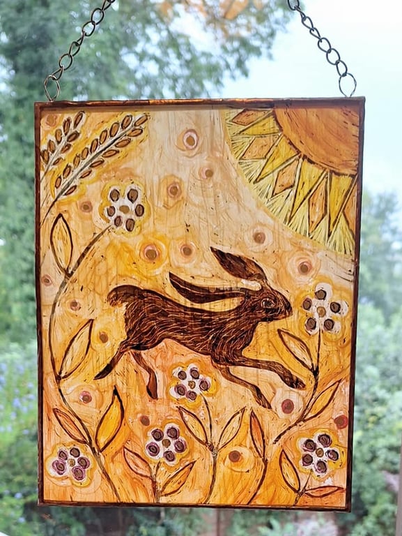 HARE WINDOW PANEL WALL HANGING. HAND PAINTED HARE. 10 x 8 inches.