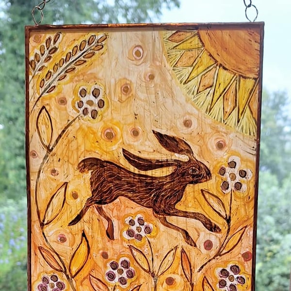 HARE WINDOW PANEL WALL HANGING. HAND PAINTED HARE. 10 x 8 inches.