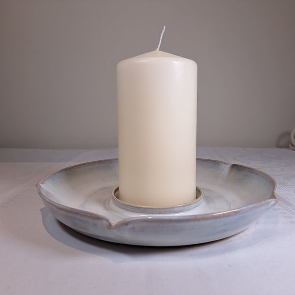 OFF WHITE CERAMIC PILLAR CANDLE HOLDER - WITH CANDLE