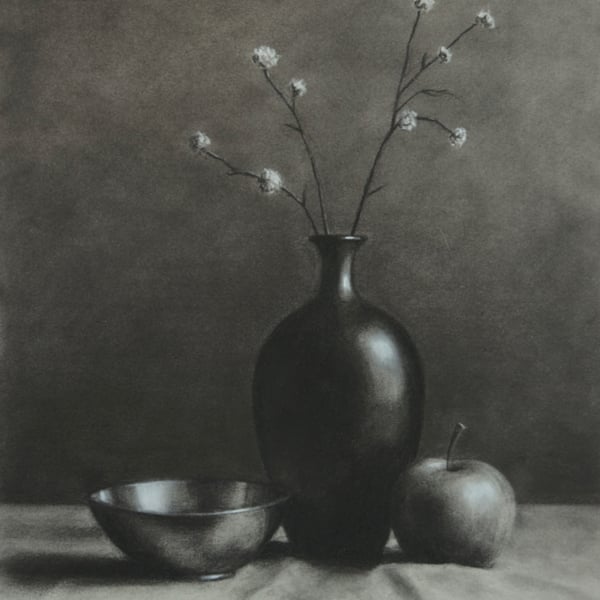 Still Life with Vase, Bowl & Apple — Original Charcoal Drawing — 11 x 14 inches
