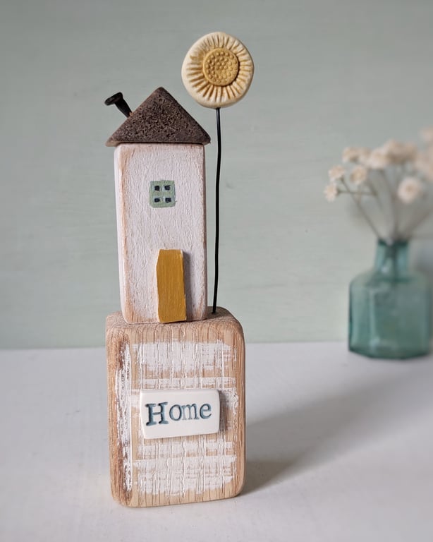 Little Wooden Hut with Clay Sunshine Flower 'Home'