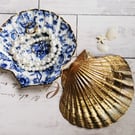 Blue & White Floral Scallop Shell Trinket Dish or Ring Tray