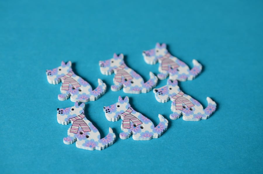 Wooden Dog Buttons Blue & White Flowers 6pk 30x20mm Puppy (DG11)