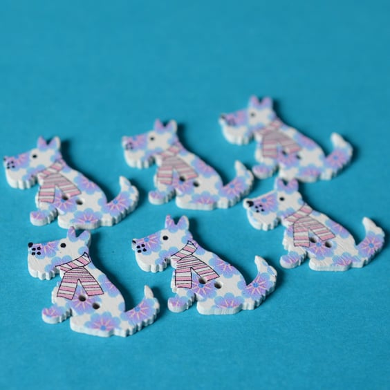 Wooden Dog Buttons Blue & White Flowers 6pk 30x20mm Puppy (DG11)