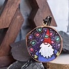 Gnome with fairy lights pyrography hanging wood slice decoration