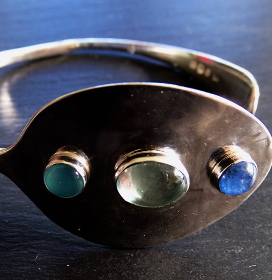 C antique spoon bangle- chalcedony, aquamarine and sodalite