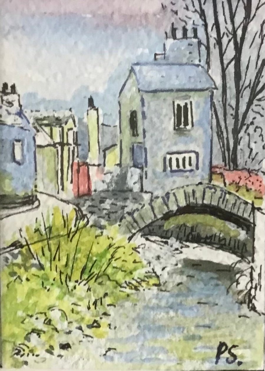 Original watercolour, ACEO, 3.5 x 2.5, Bridge House, Ambleside,  mounted