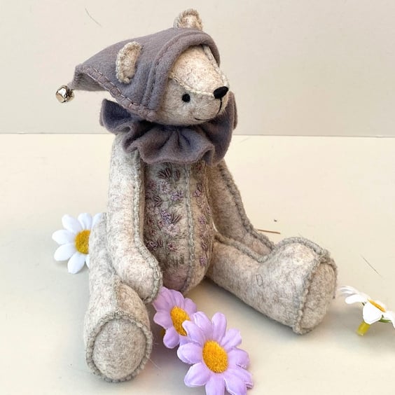 Hand sewn & embroidered artist bear, wool felt teddy bear for collectors 