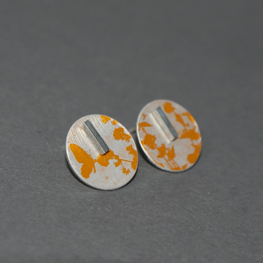 Three way circle earrings - orange hedgerow pattern