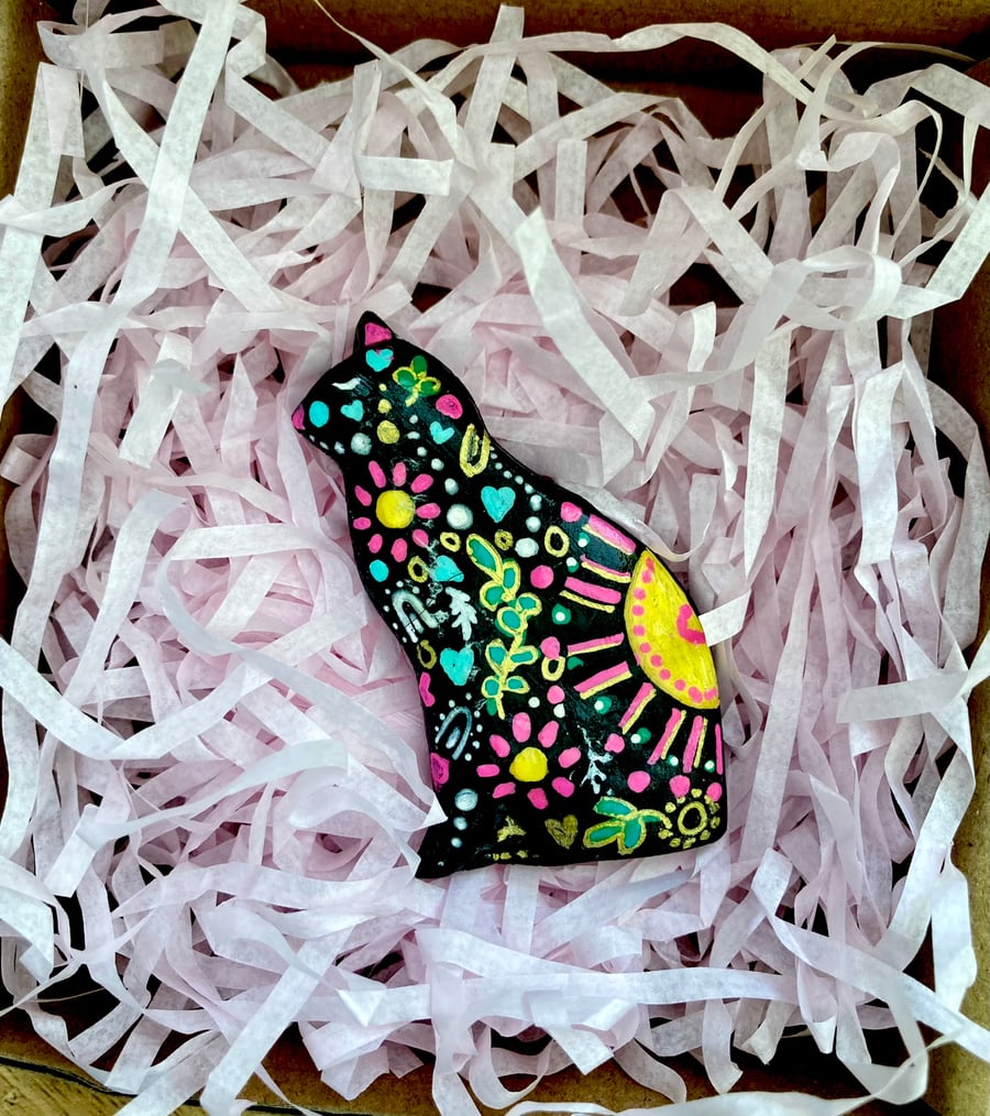 Hippy Boho Hand Painted Cat Brooch Pin Gift For Her Gypsy Cat 