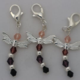 Crochet stitch markers - silver dragonflies x3 Gothic plum