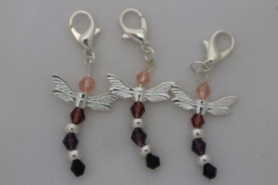 Crochet stitch markers - silver dragonflies x3 Gothic plum