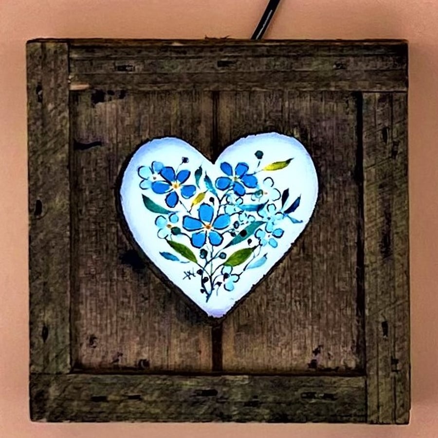  Tiny original painting in wood frame, Forget-me-nots, signed watercolour.