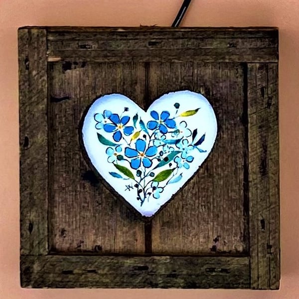  Tiny original painting in wood frame, Forget-me-nots, signed watercolour.