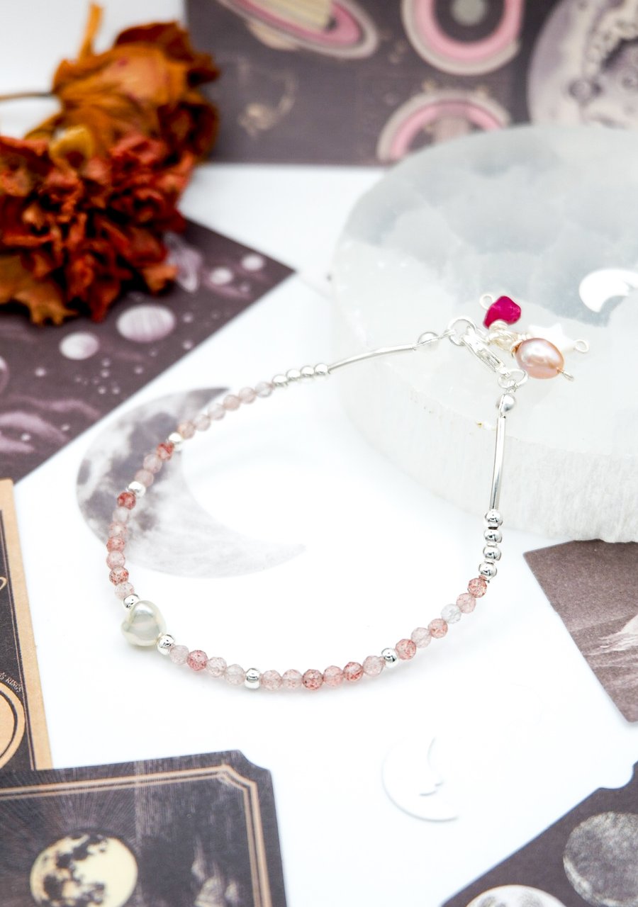 Strawberry Quartz Gemstone Beaded Bracelet - Sterling Silver Celestial Bracelet
