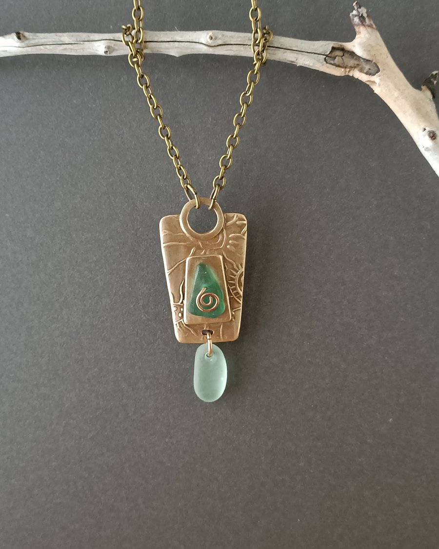 Seaglass Pendant, bronze metal clay, one of a kind, recycled materials