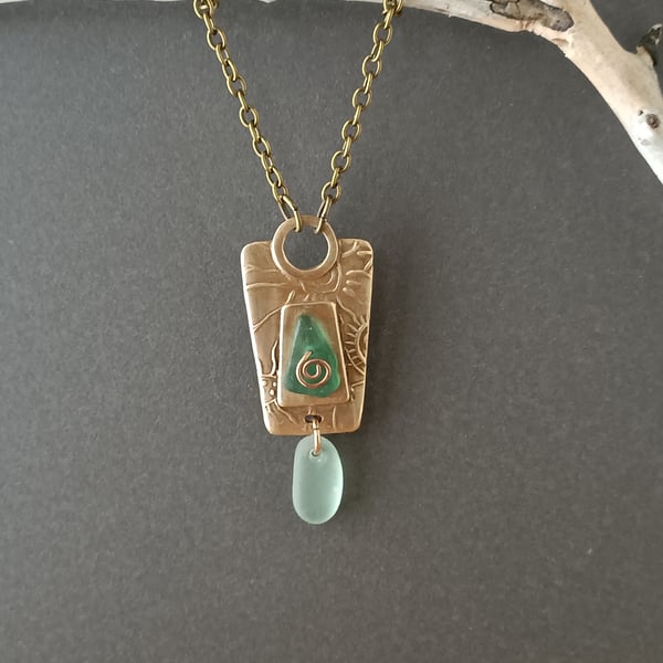 Seaglass Pendant, bronze metal clay, one of a kind, recycled materials