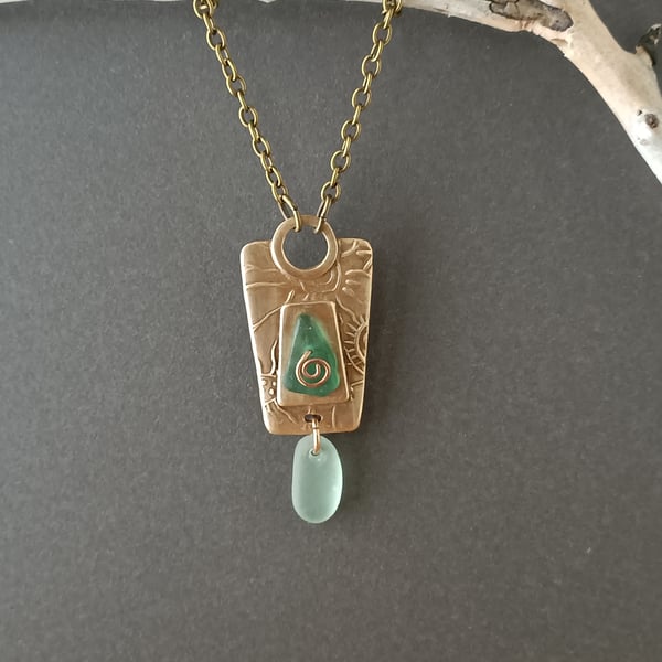 Bronze Pendant with sea glass embellishment