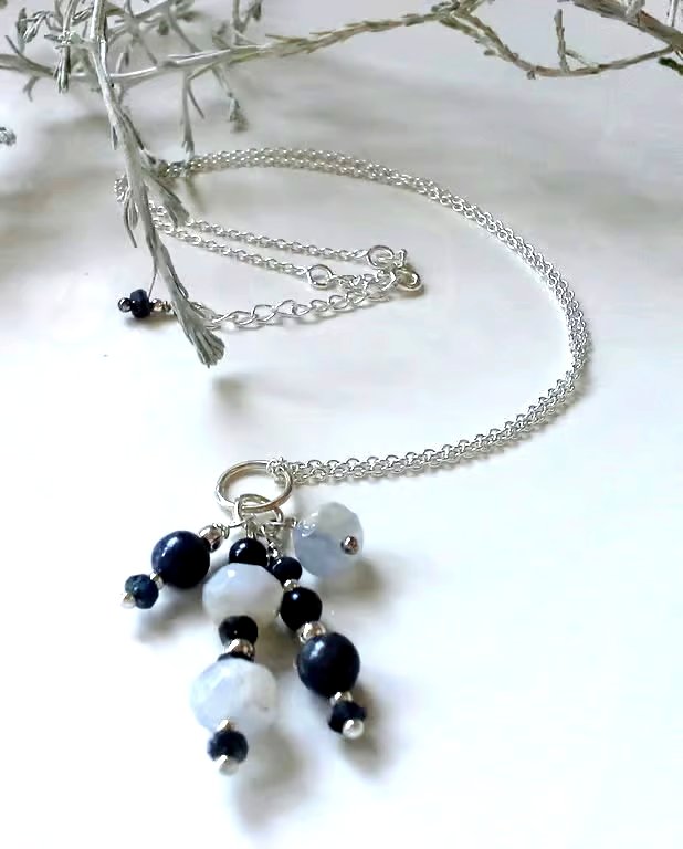 Blue Sapphire & Blue Opal Cluster Pendant Necklace  Sterling Silver