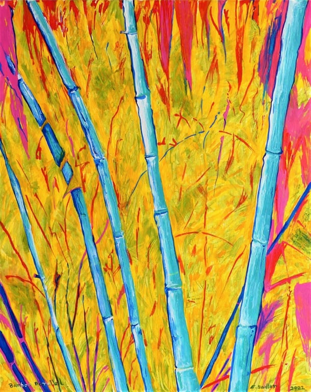 Framed Bamboo Oil Painting Colourful Maximalist Art