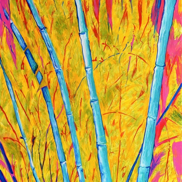 Framed Bamboo Oil Painting Colourful Maximalist Art