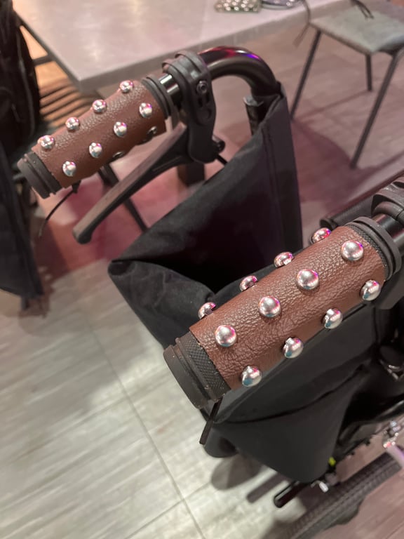 Brown Leather Wheelchair Handle Decorations w Chrome Dome Studs FREE SHIPPING