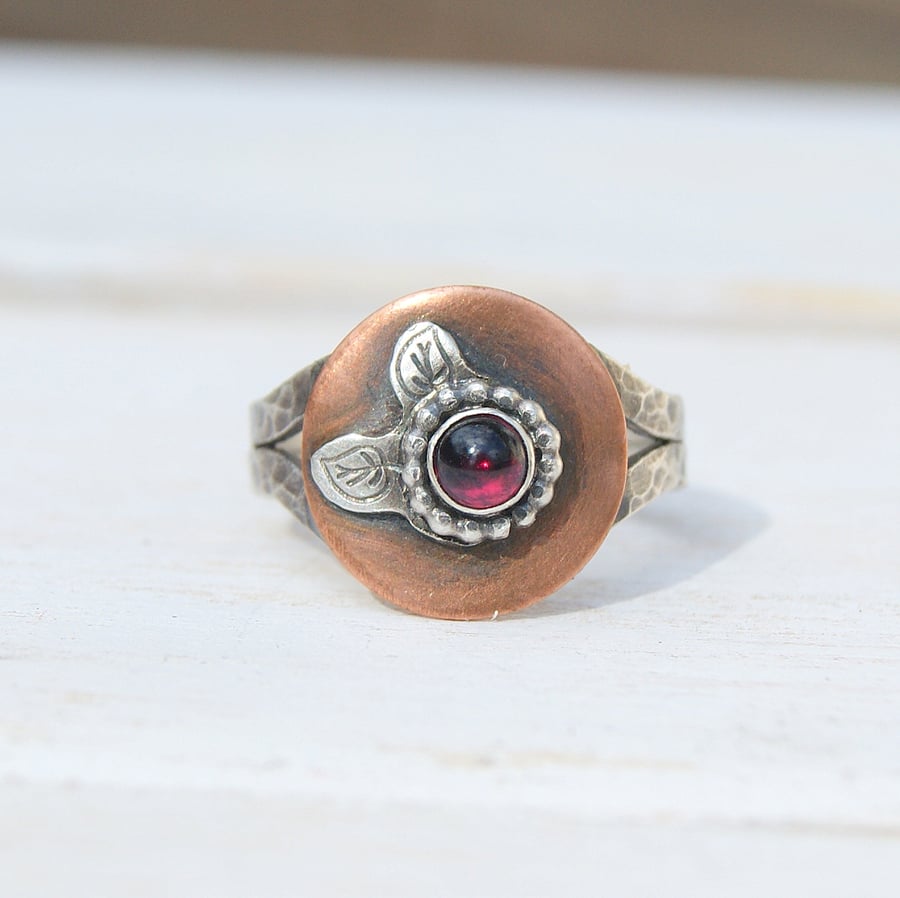 Garnet Mixed Metal Ring Size 7.5  or O.5, Leaf Silver and Copper Ring