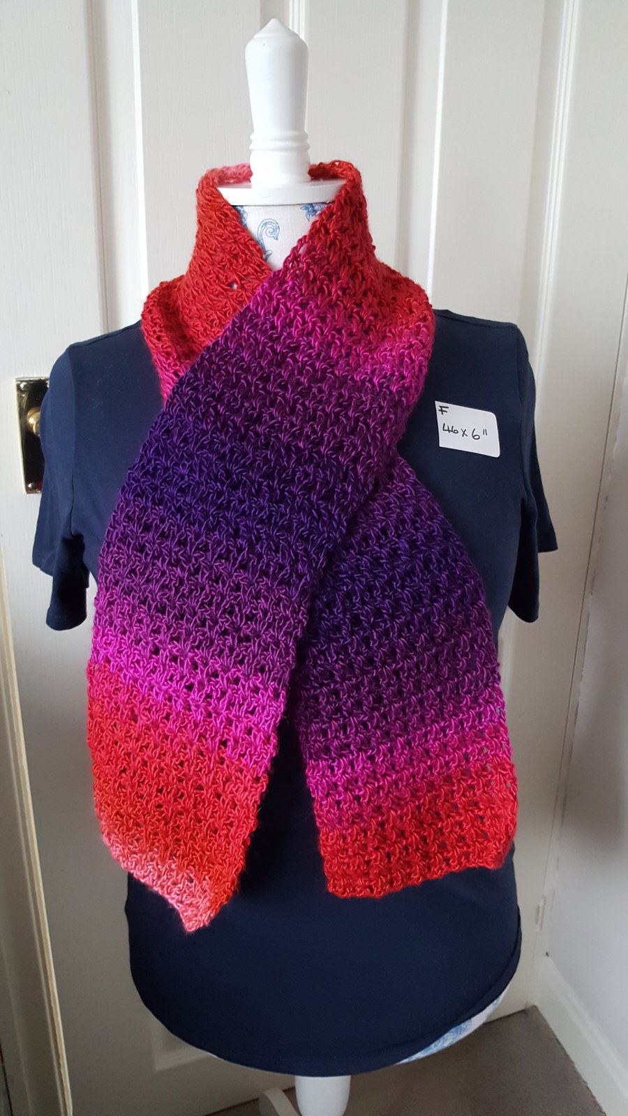 pink and purples lightweight lacy crocheted scarf, 46 x 6 inches