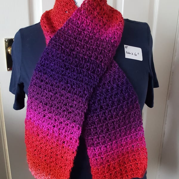 pink and purples lightweight lacy crocheted scarf, 46 x 6 inches