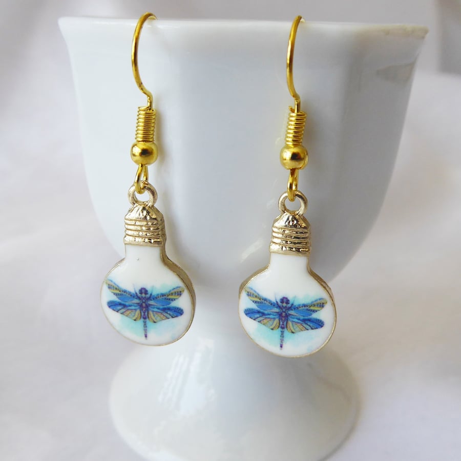 Lightbulb Dragonfly Earrings with gold plated ear wires