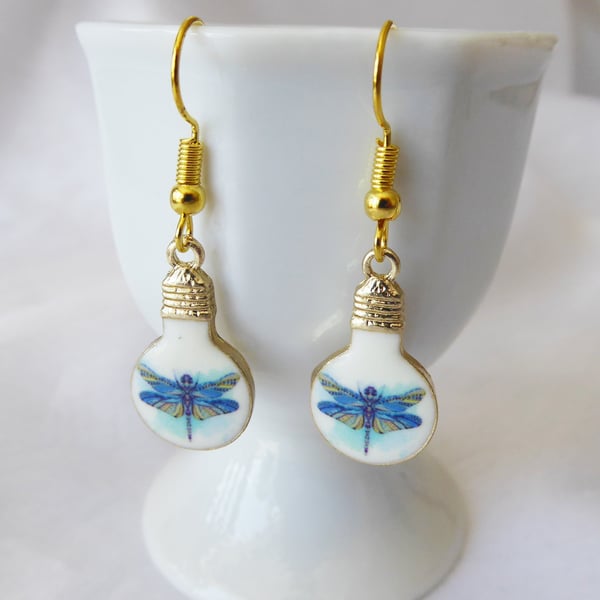 Lightbulb Dragonfly Earrings with gold plated ear wires