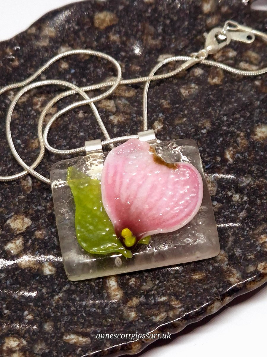 Handmade Fused Glass Botanical Pendant Necklace Small Pink Dogwood and Leaf