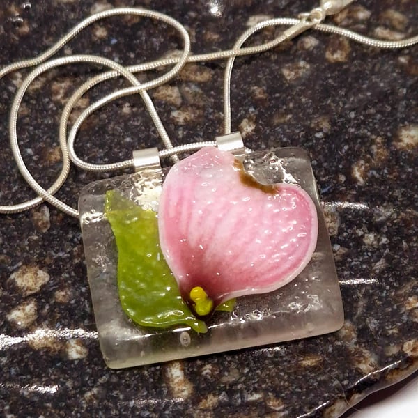 Handmade Fused Glass Botanical Pendant Necklace Small Pink Dogwood and Leaf