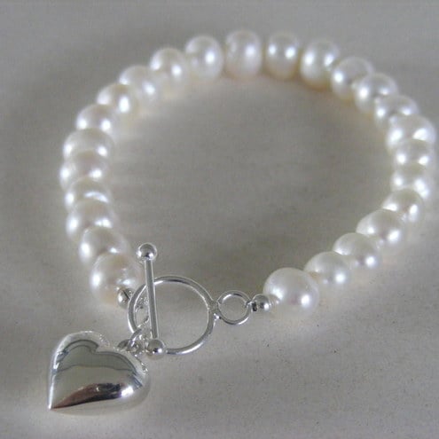 Sterling silver 925 heart and freshwater pearl bracelet