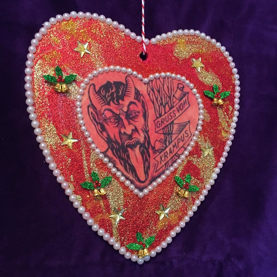 Large Kitsch Handmade Christmas Krampus Heart Decoration 