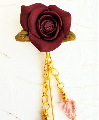 Burgundy Rose Stick Pin Brooch