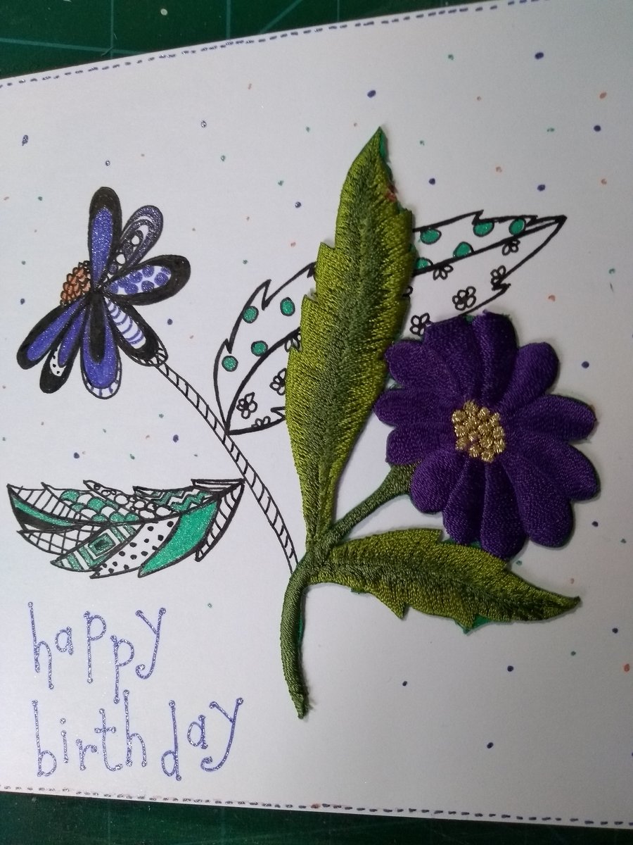 Embroidered purple flower birthday card