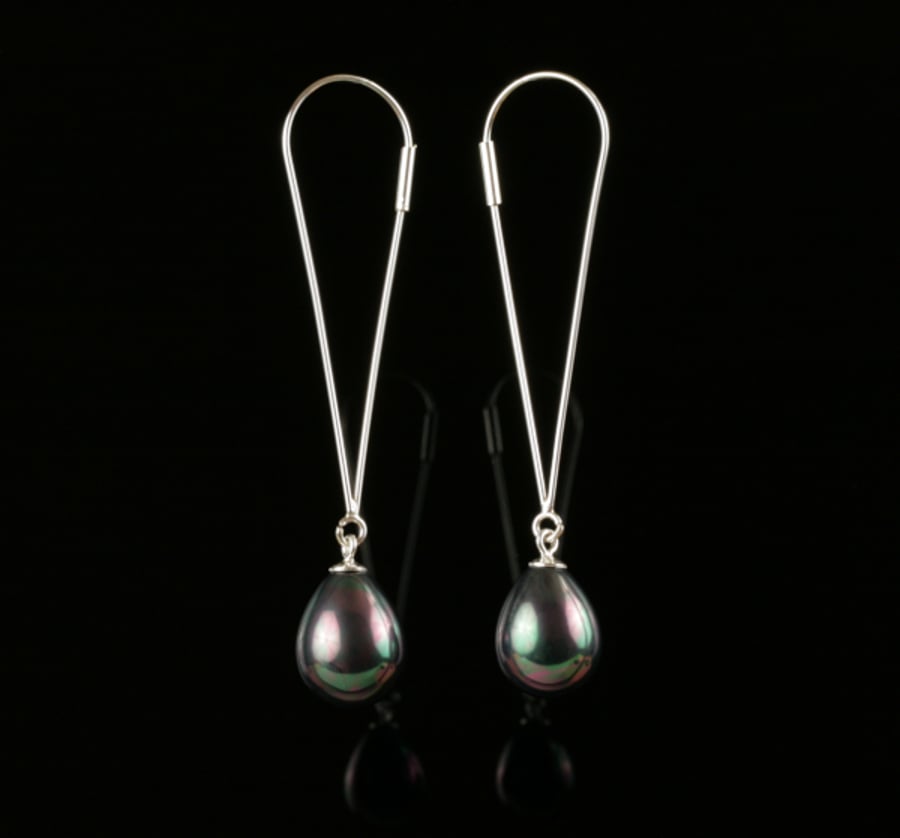 Long Sterling Silver Earrings with Black Shell Pearl