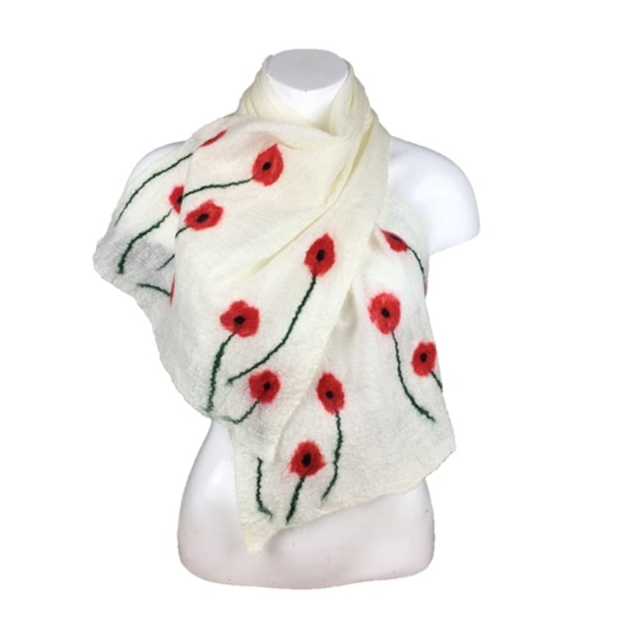Lightweight nuno felted white poppy scarf in merino wool on silk