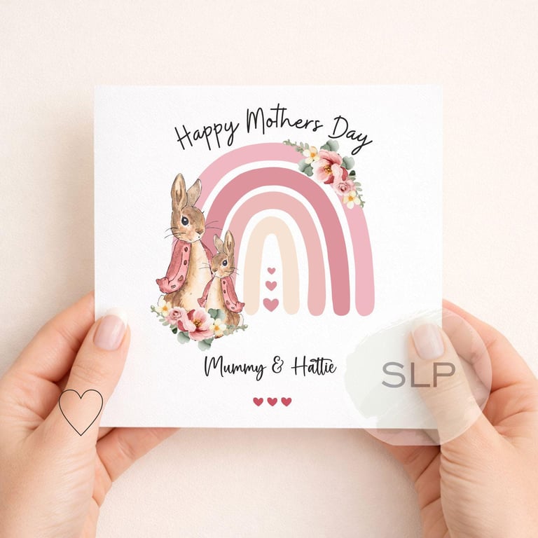 Personalised Mothers Day Card from Daughter Bunny Rainbow Card Custom