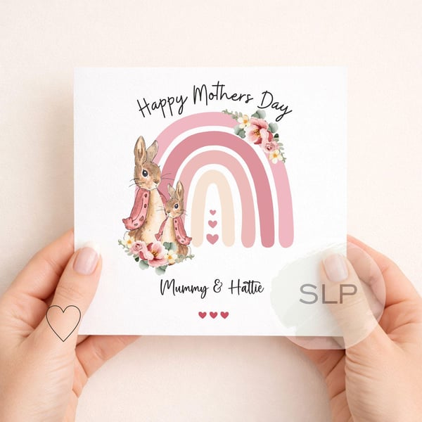 Personalised Mothers Day Card from Daughter Bunny Rainbow Card Custom