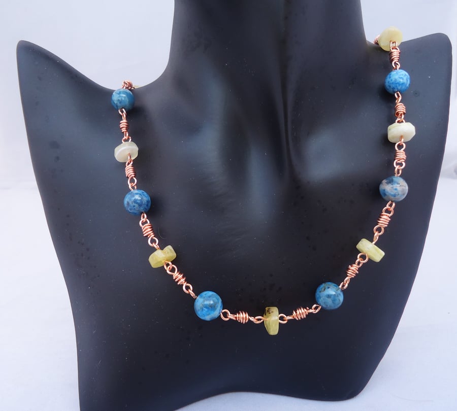 Blue Agate and Yellow Opal Necklace, Agate and Genuine Opal Necklace