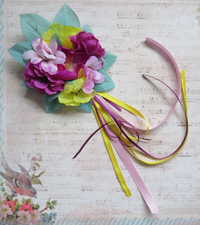 Magenta Pink, Yellow & Aqua Regency Flower Fascinator – Floral Cluster Hair Clip