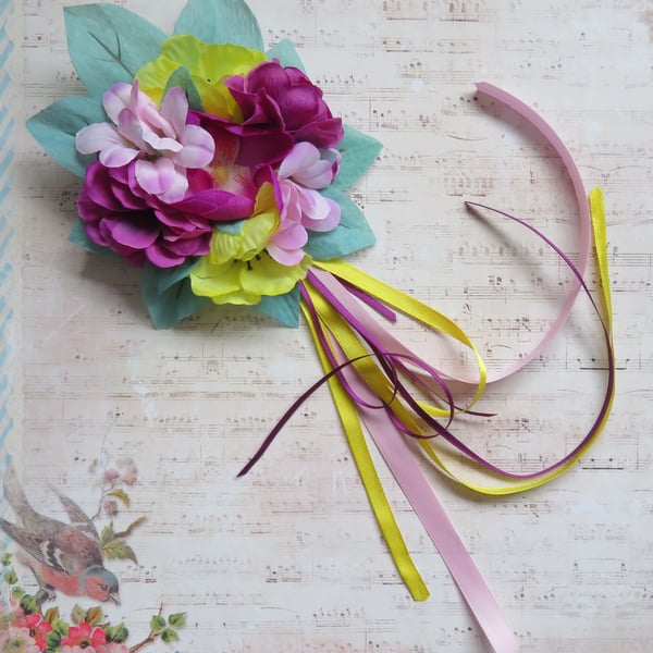 Magenta Pink, Yellow & Aqua Regency Flower Fascinator – Floral Cluster Hair Clip