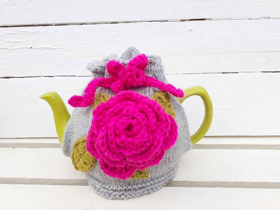 Handknitted Tea Cosy with large Crochet Flower Grey, Hot Pink and Lime  