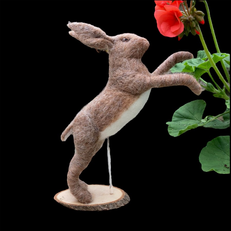 Boxing Hare model, needle felted woollen sculpture, animal in action