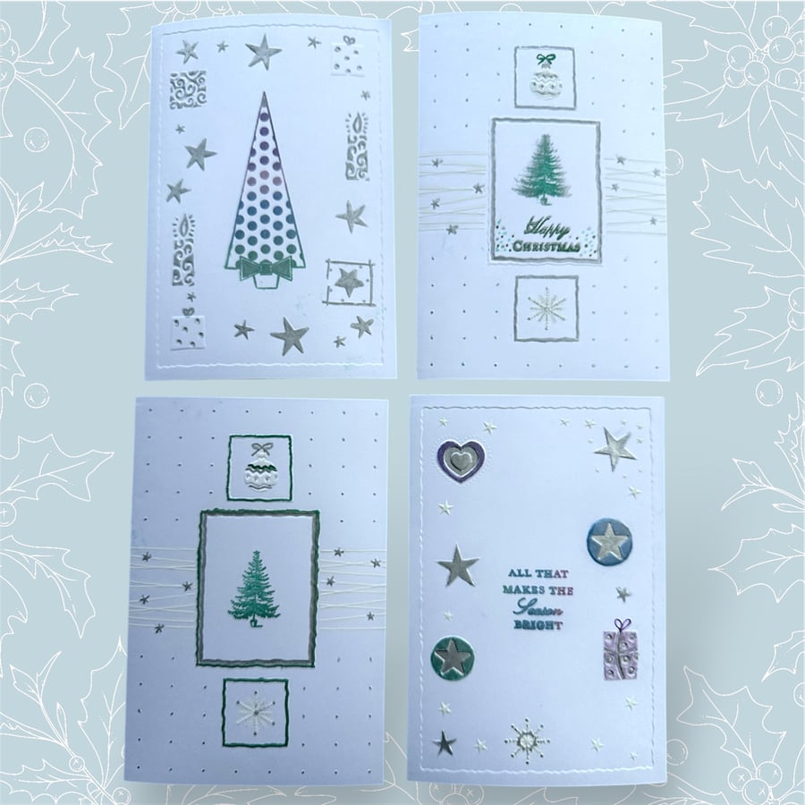 Pack of 4 luxury embossed cards with shimmery hand painted accents. 