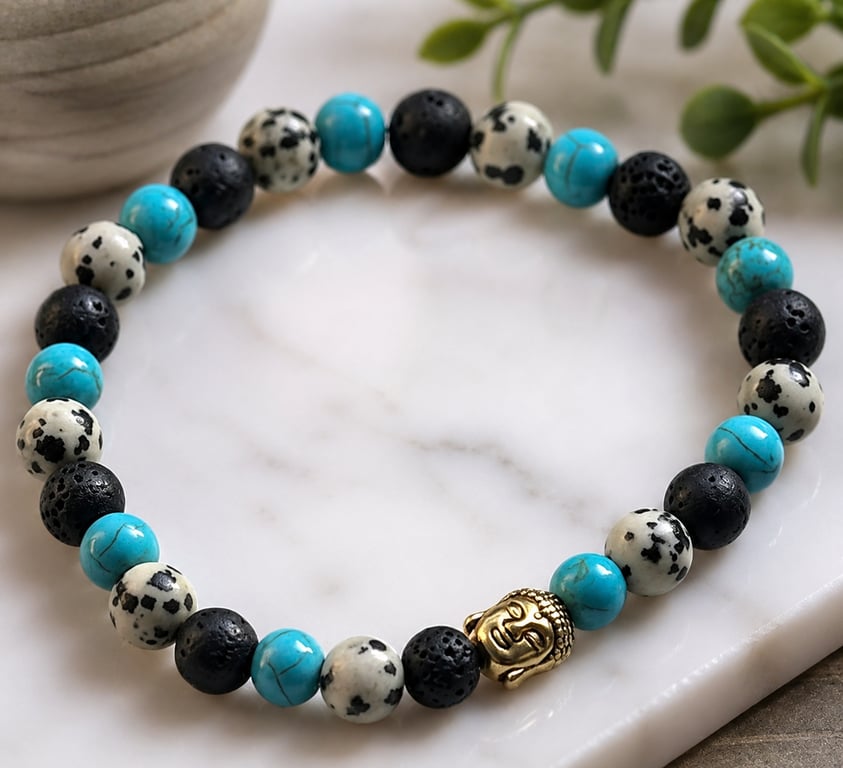 Men's Turquoise Howlite, Dalmatian Jasper & Lava Stone Stretch Bracelet with Gol