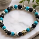 Men's Turquoise Howlite, Dalmatian Jasper & Lava Stone Stretch Bracelet with Gol