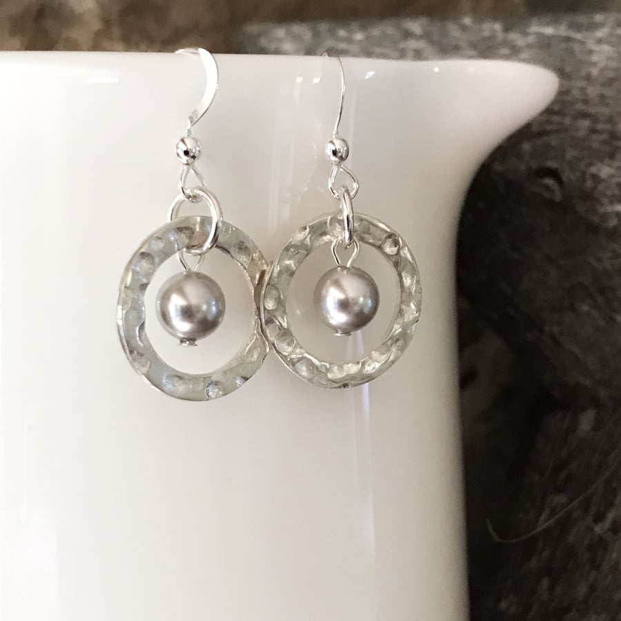 Fine silver hammered hoops with grey Swarovski pearls